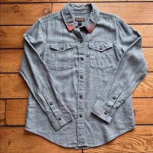 Patagonia Range West Pearl Snap Blue Chambray Shirt Women's Sz Small Hemp Blend
